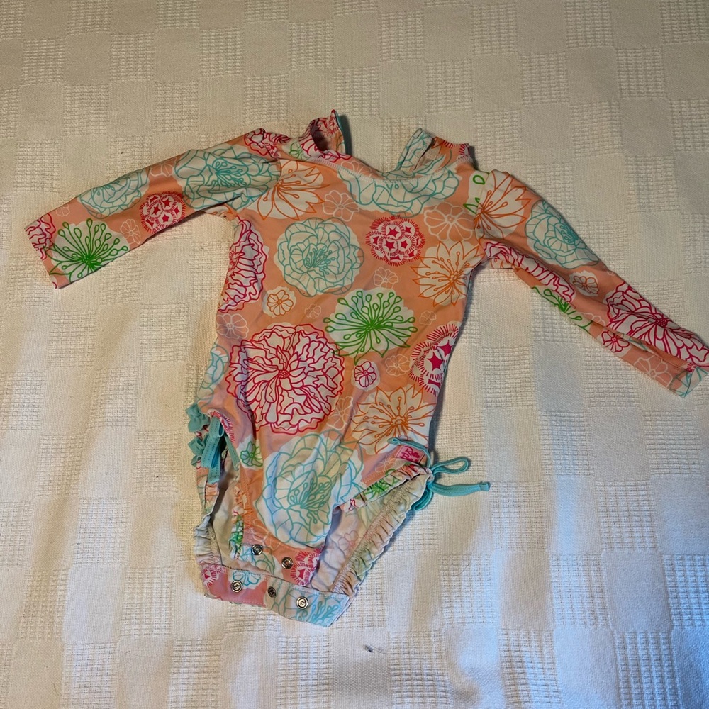Rufflebutts 12-18 Floral Long Sleeve Baby One-Piece Swimsuit - Peach Multi